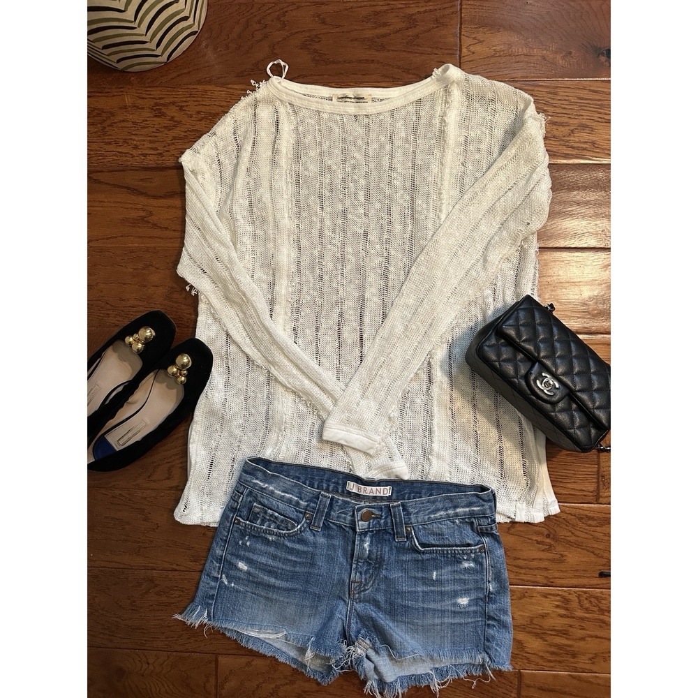 Free People We The Free Womens S Ivory Open Knit Sheer Mesh Long Sleeve